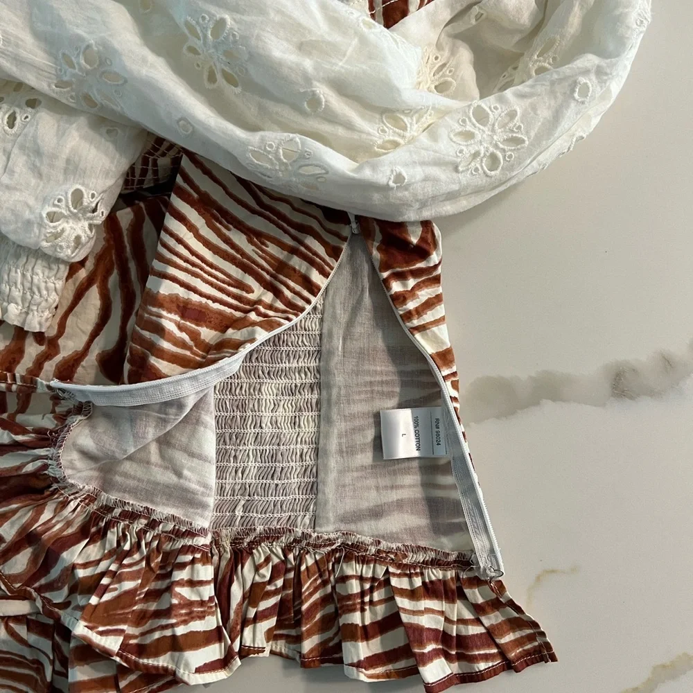Love The Label - Mocha Stripe Print Smocked Top with White Eyelet Sleeves